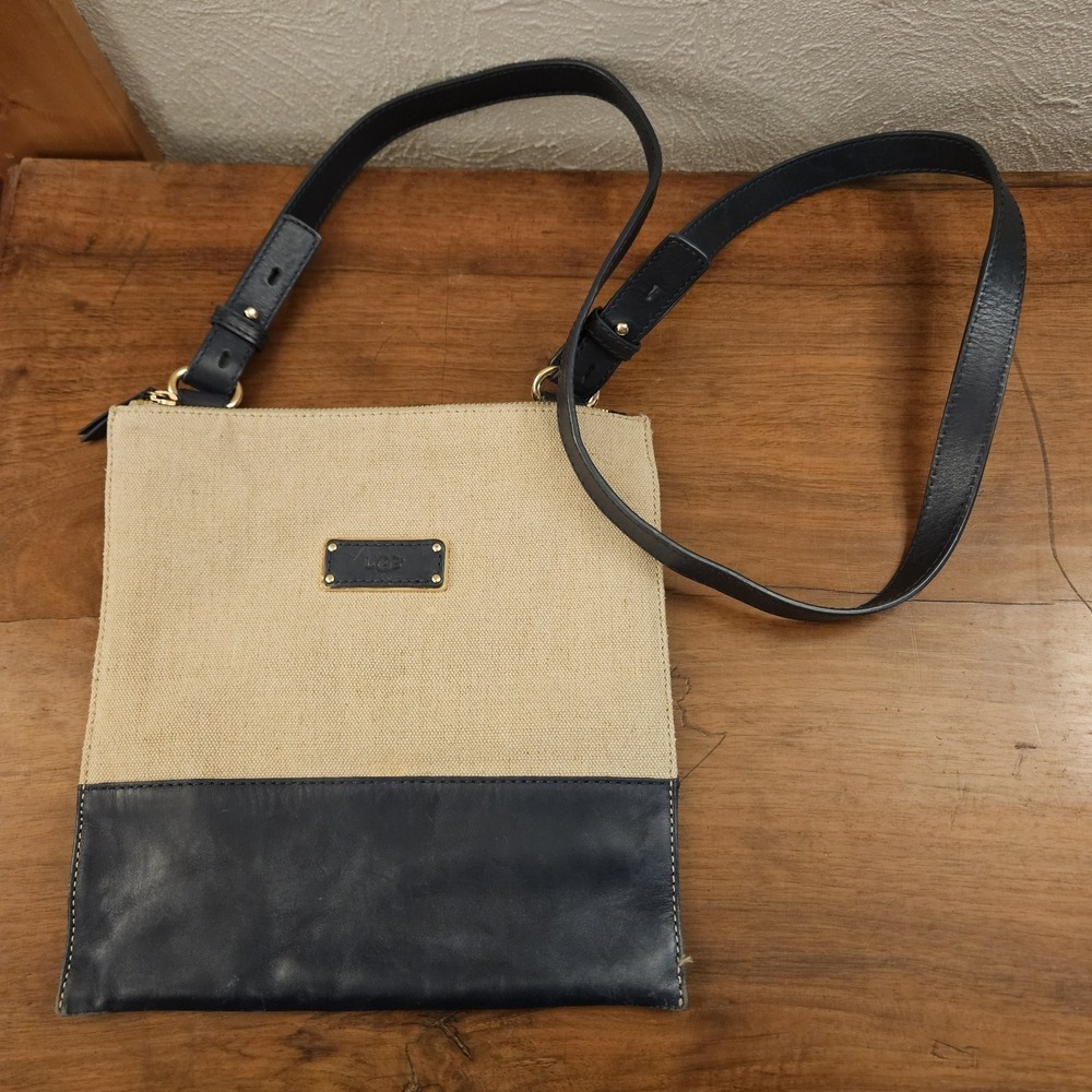 UGG Paige Crossbody WCY061 Navy Tan Purse Adjustable Strap Leather Canvas